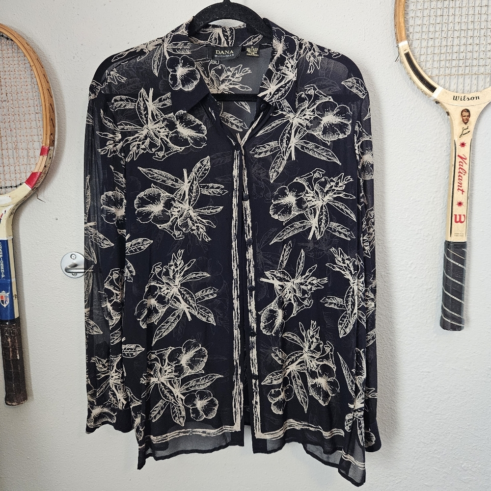 Dana Buchman Silk Black & White Hawaiian Button Down Blouse
